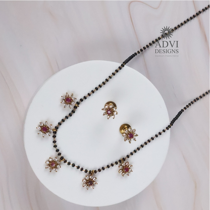 Floral Ruby Stone Mangalsutra Necklace Set with CZ Petal Charms