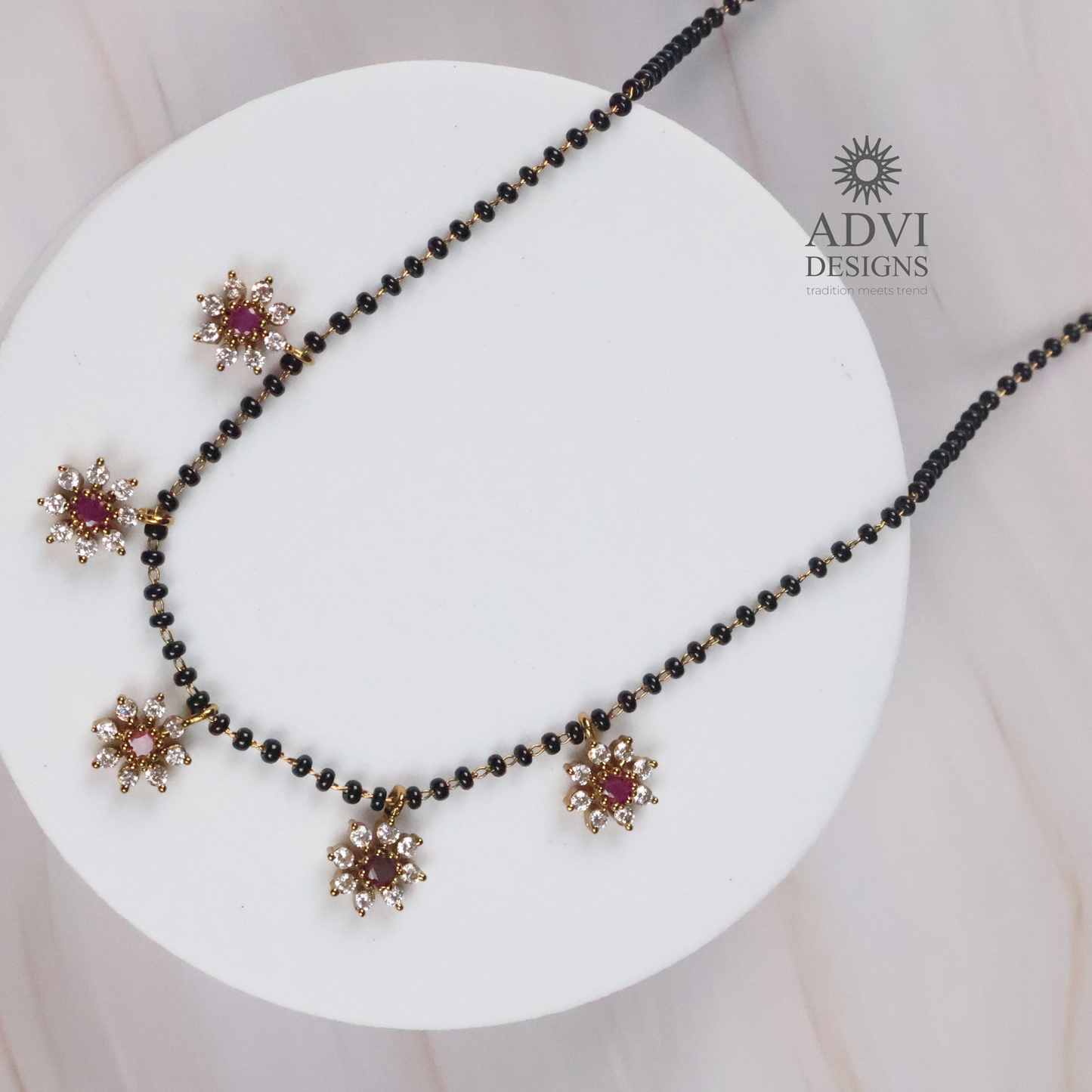 Floral Ruby Stone Mangalsutra Necklace Set with CZ Petal Charms