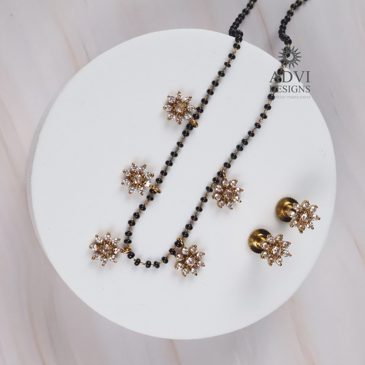 Floral CZ Mangalsutra Necklace Set with Crystal Flower Charms