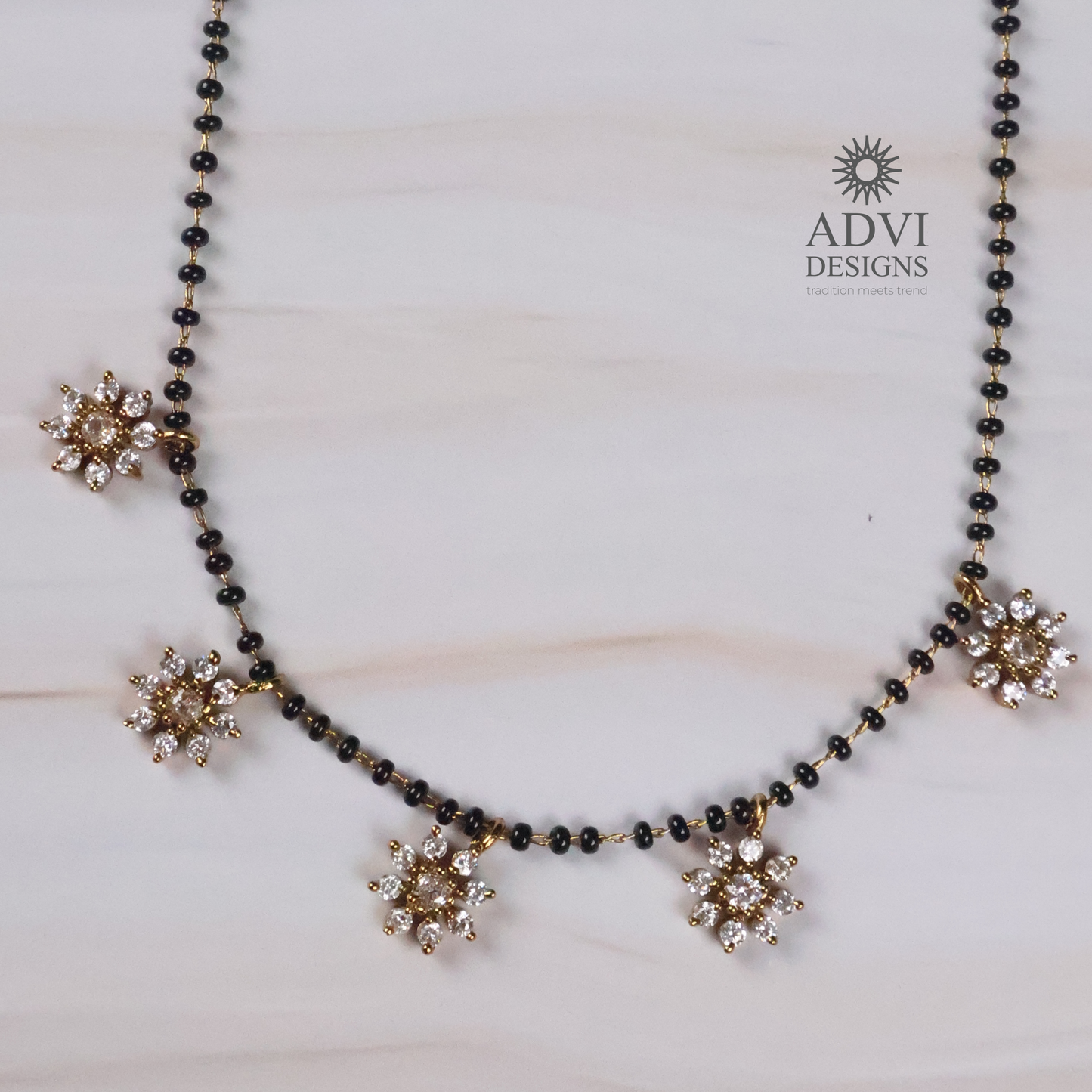 Floral CZ Mangalsutra Necklace Set with Crystal Flower Charms