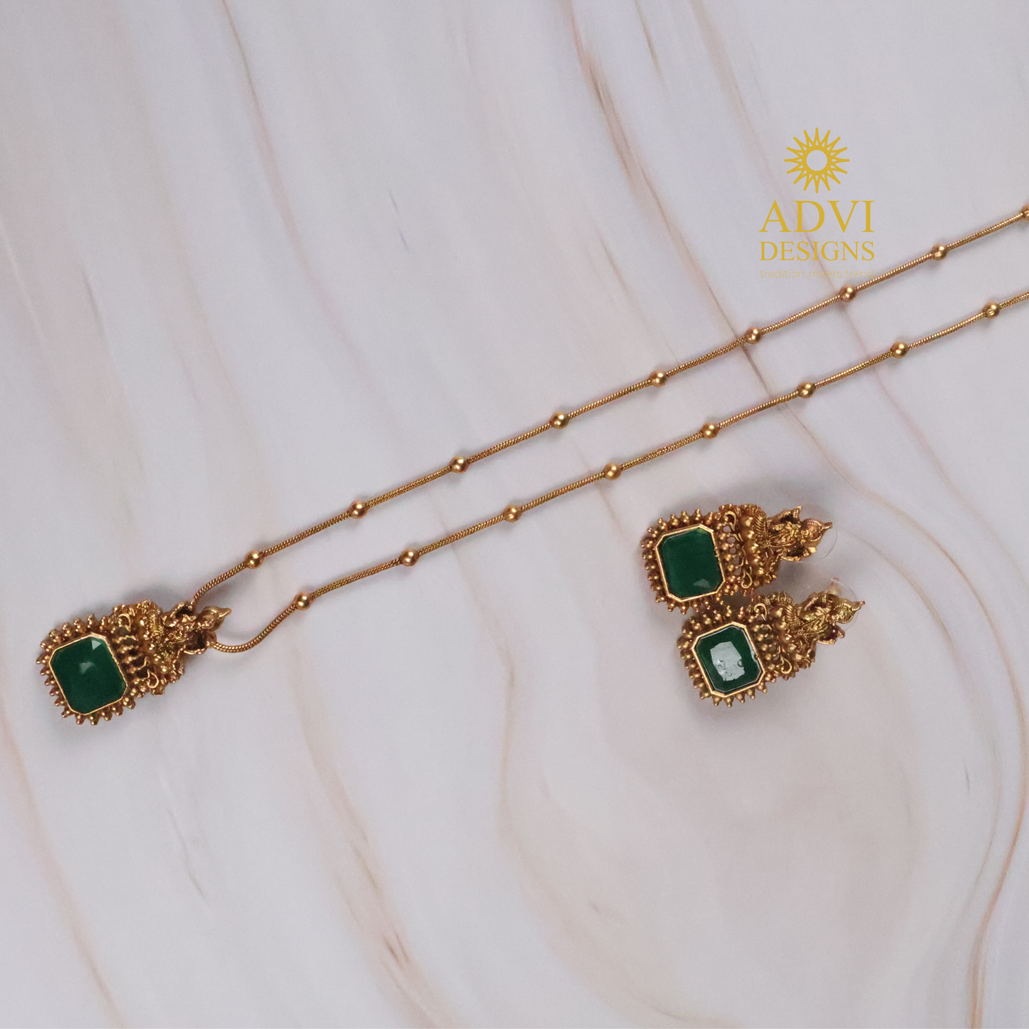 Temple Lakshmi Green Stone Pendant Haram Set | Antique Gold Finish