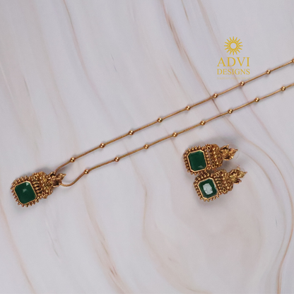 Temple Lakshmi Green Stone Pendant Haram Set | Antique Gold Finish