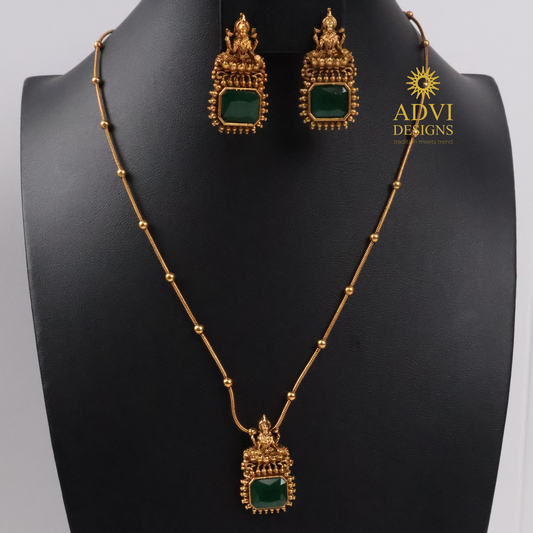 Temple Lakshmi Green Stone Pendant Haram Set | Antique Gold Finish