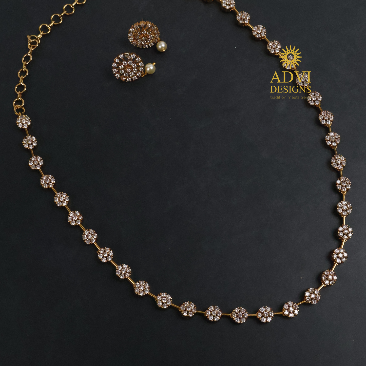 Premium AD Stone Floral Long Necklace Set with Pearl Drop Earrings | Antique Gold Finish