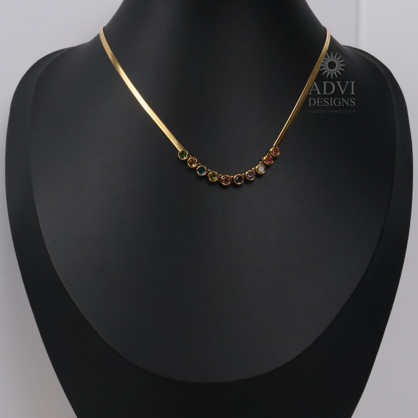 Minimalist Multicolor Crystal Herringbone Necklace | Gold Finish