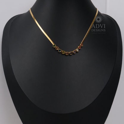 Minimalist Multicolor Crystal Herringbone Necklace | Gold Finish