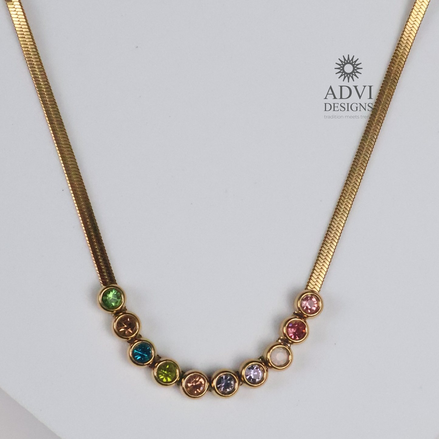 Minimalist Multicolor Crystal Herringbone Necklace | Gold Finish