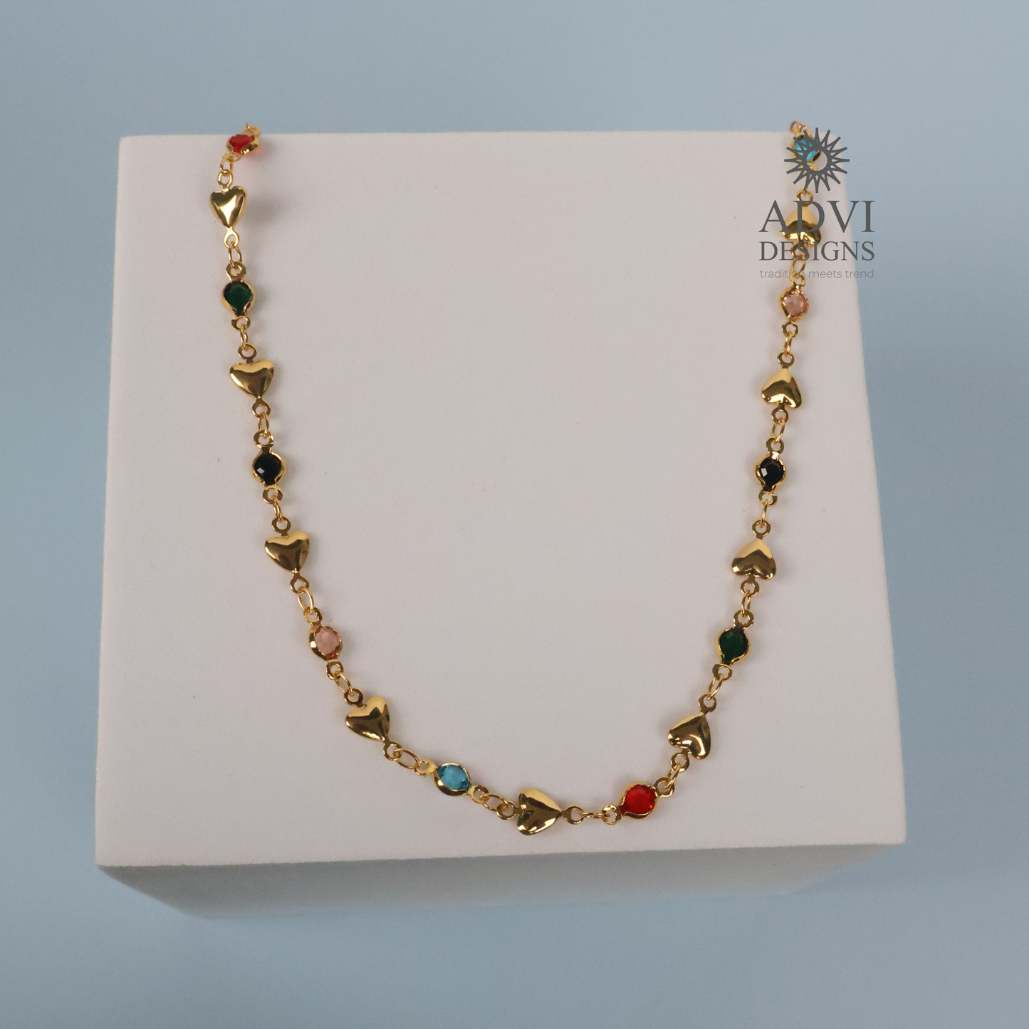 Minimalist Heart Charm Multicolor Crystal Necklace | Gold Finish