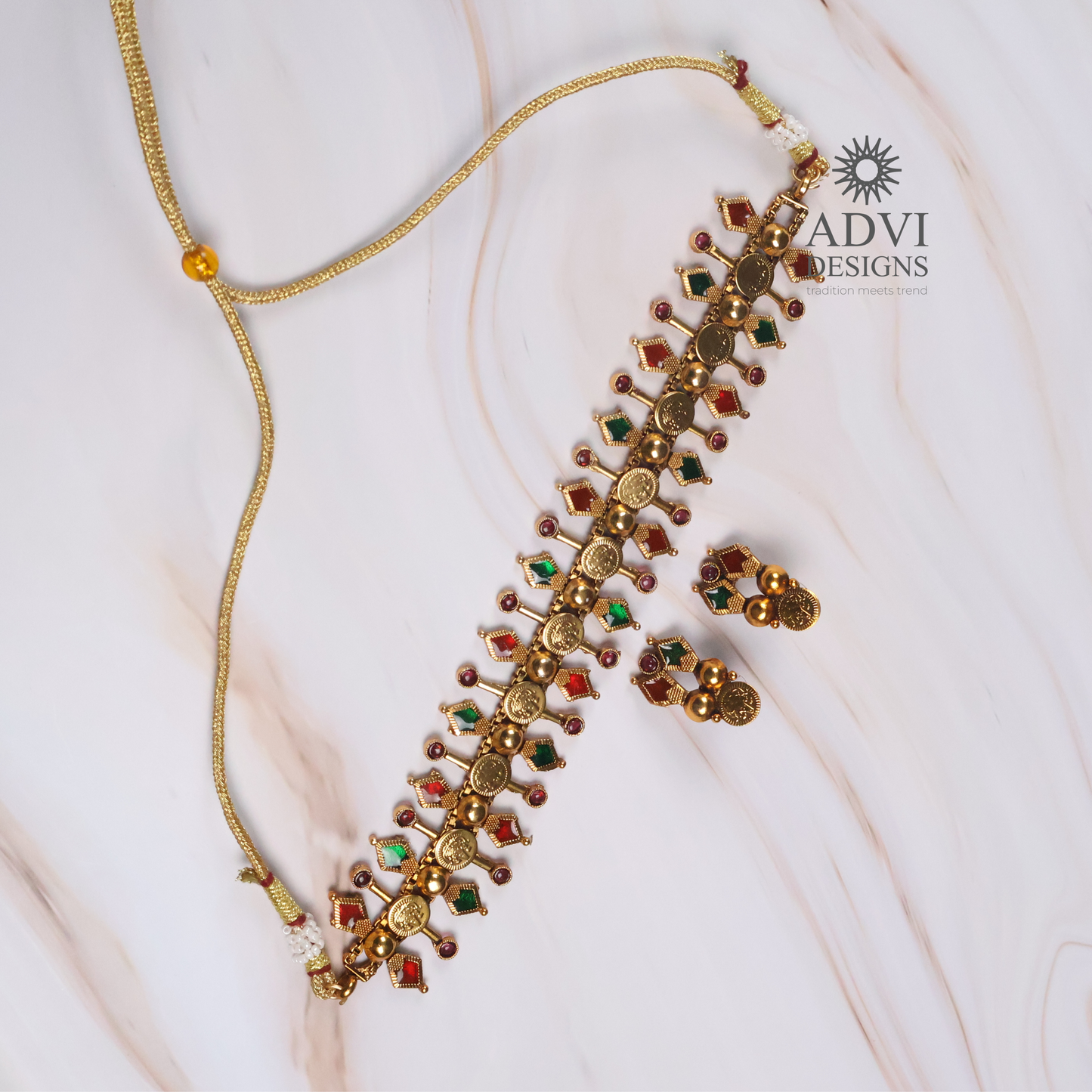 Traditional Temple Coin Choker Necklace Set with Multicolor Stones