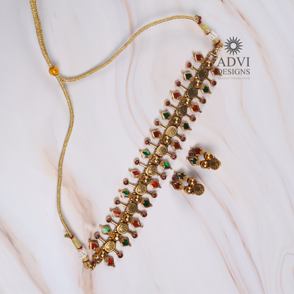 Traditional Temple Coin Choker Necklace Set with Multicolor Stones