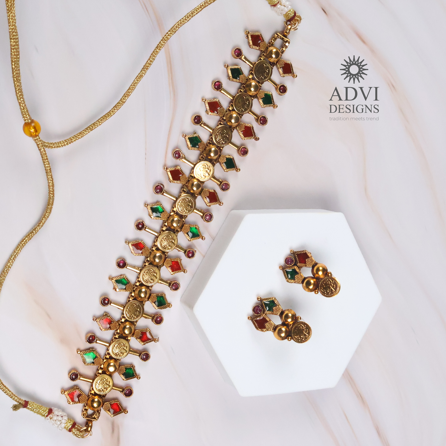 Traditional Temple Coin Choker Necklace Set with Multicolor Stones