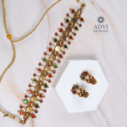Traditional Temple Coin Choker Necklace Set with Multicolor Stones