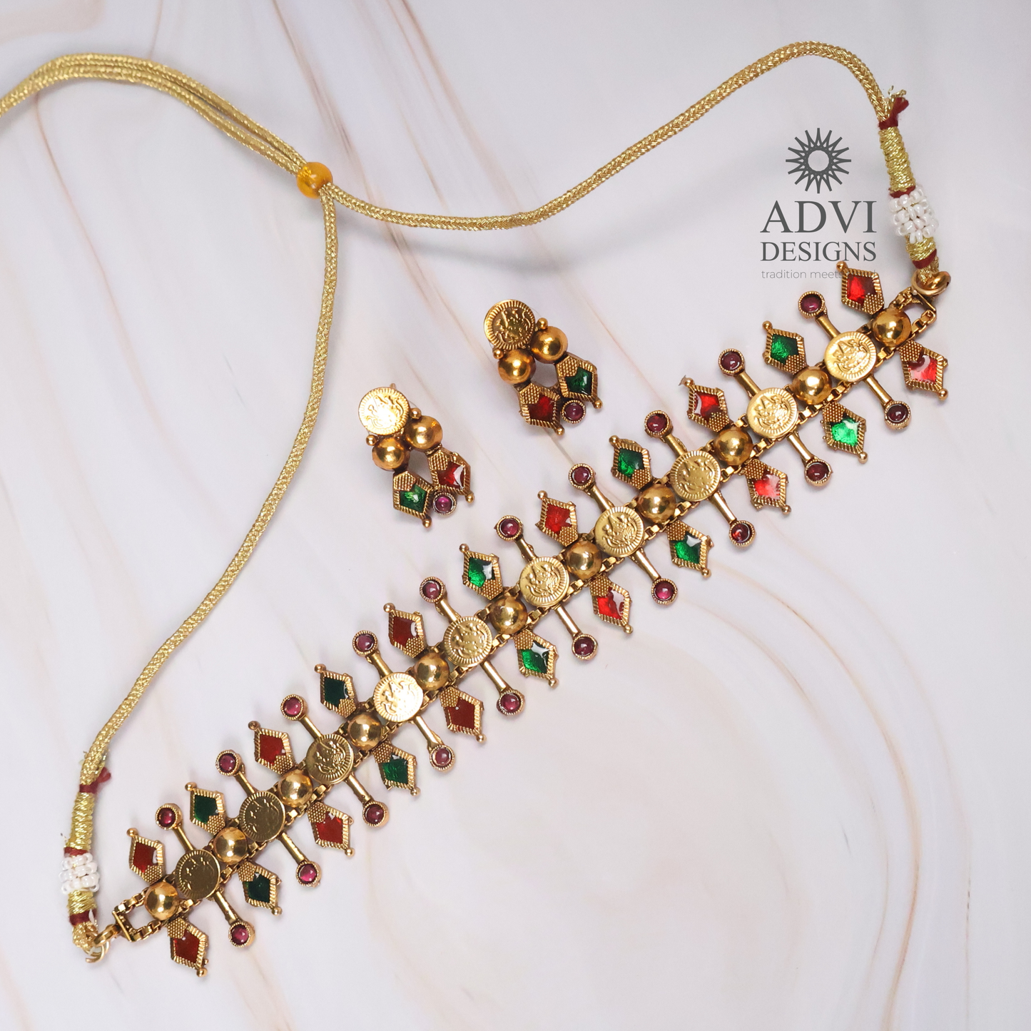 Traditional Temple Coin Choker Necklace Set with Multicolor Stones