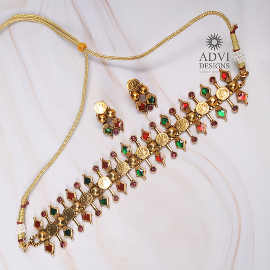 Traditional Temple Coin Choker Necklace Set with Multicolor Stones