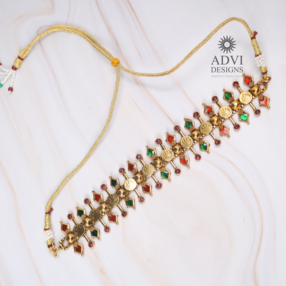 Traditional Temple Coin Choker Necklace Set with Multicolor Stones