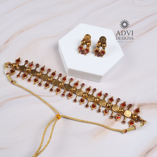 Traditional Temple Coin Choker Necklace Set with Ruby Red Stones
