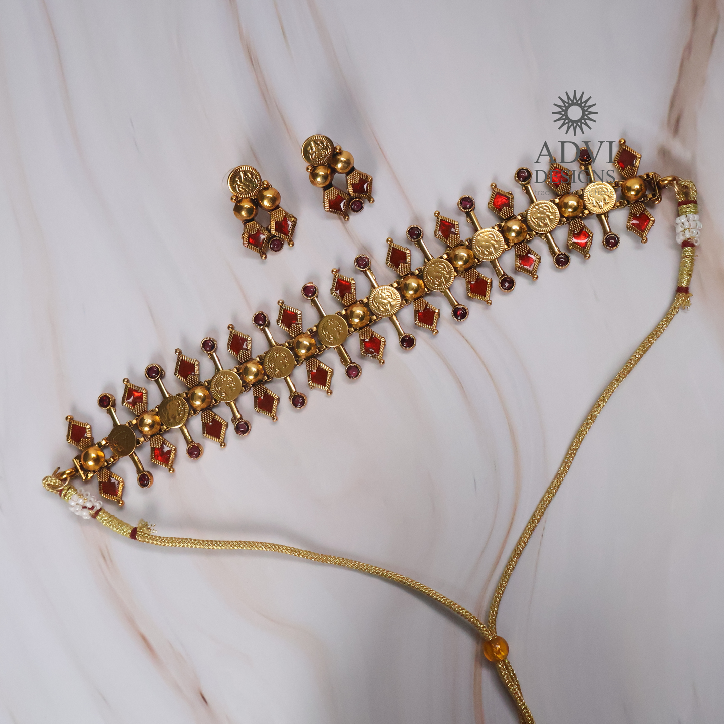 Traditional Temple Coin Choker Necklace Set with Ruby Red Stones