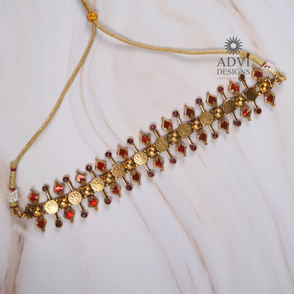 Traditional Temple Coin Choker Necklace Set with Ruby Red Stones