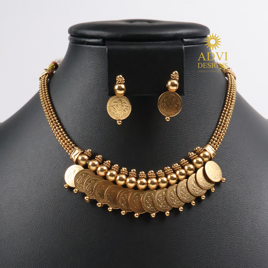 Traditional Temple Coin Choker Necklace Set with Antique Gold Beads