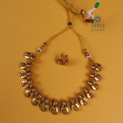 Traditional Lakshmi Coin Temple Choker Necklace Set with Pink & Emerald Stone Accents