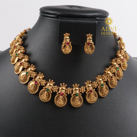 Traditional Lakshmi Coin Temple Choker Necklace Set with Pink & Emerald Stone Accents