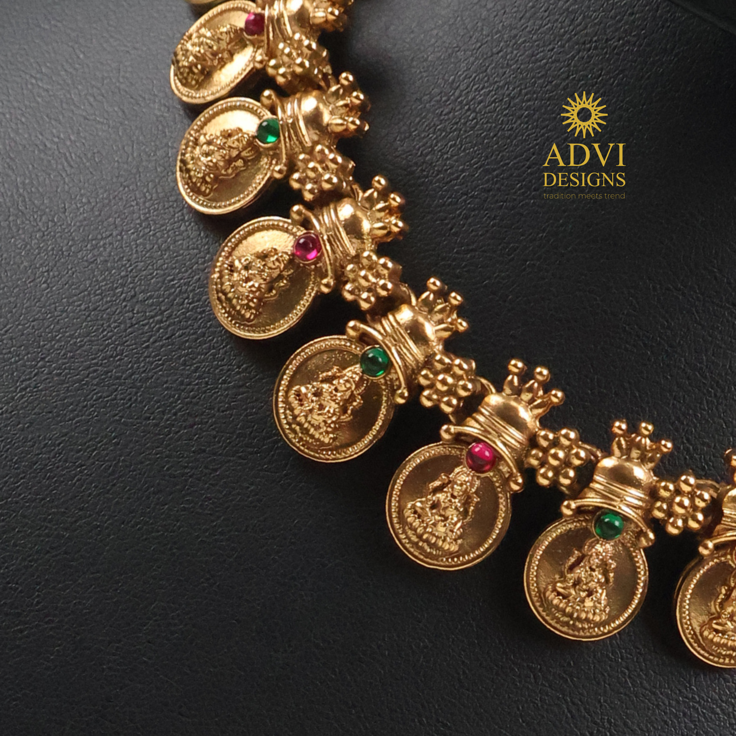 Traditional Lakshmi Coin Temple Choker Necklace Set with Pink & Emerald Stone Accents