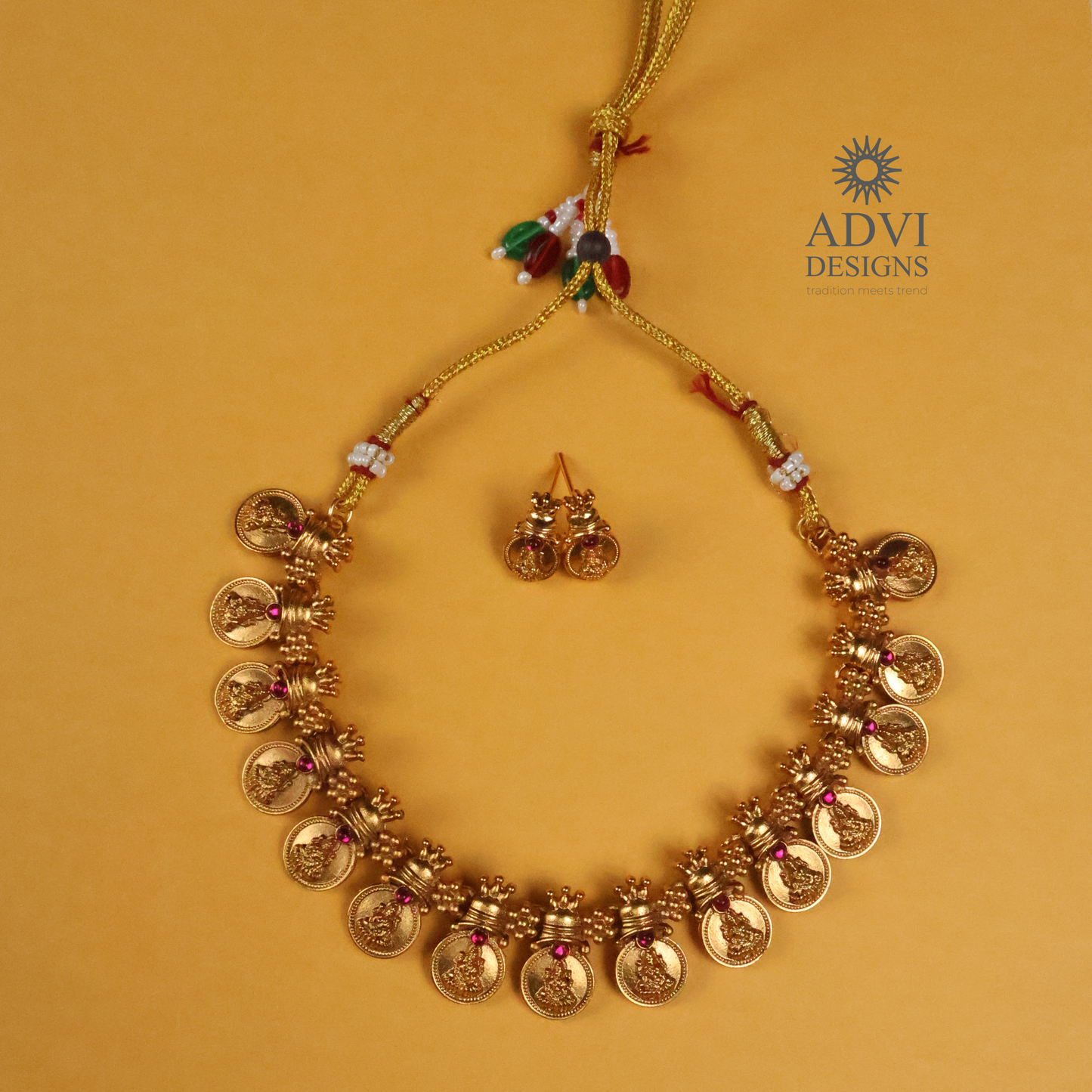 Traditional Lakshmi Coin Temple Choker Necklace Set with Pink Stone Accents