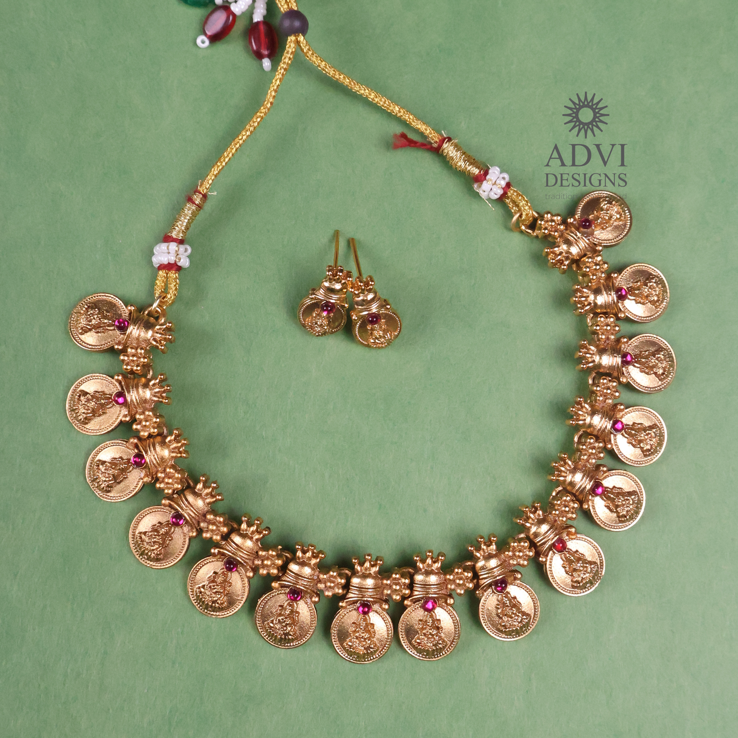 Traditional Lakshmi Coin Temple Choker Necklace Set with Pink Stone Accents