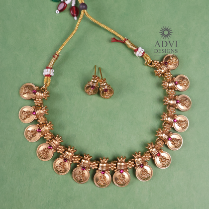 Traditional Lakshmi Coin Temple Choker Necklace Set with Pink Stone Accents