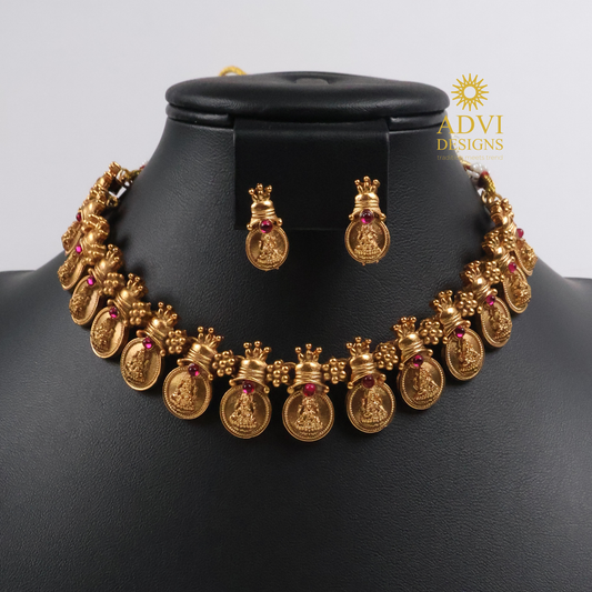 Traditional Lakshmi Coin Temple Choker Necklace Set with Pink Stone Accents