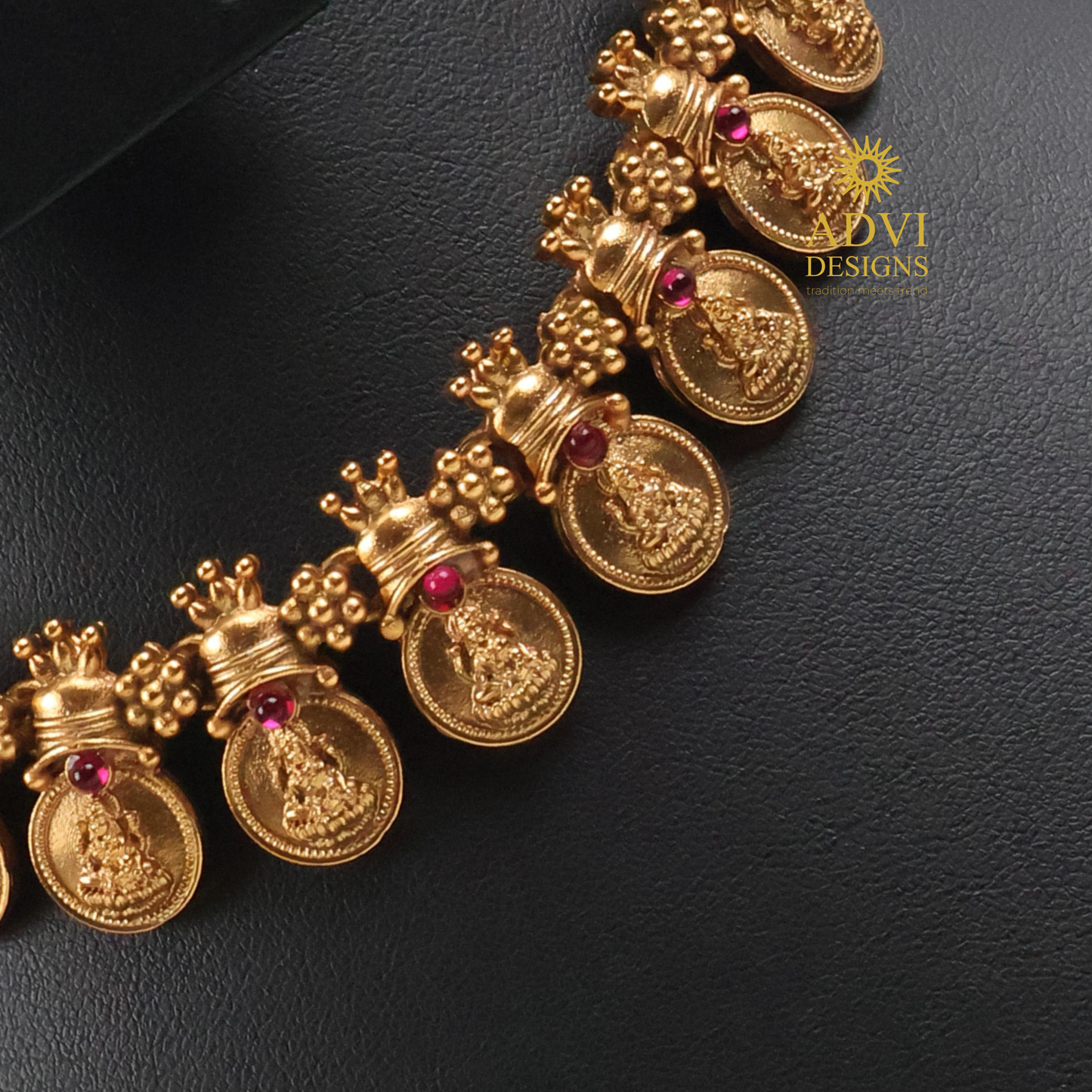 Traditional Lakshmi Coin Temple Choker Necklace Set with Pink Stone Accents