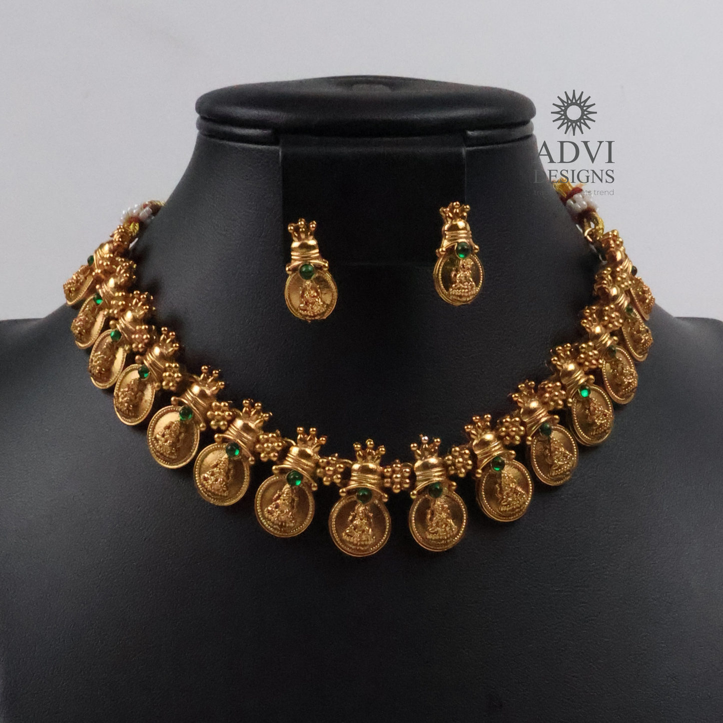 Traditional Lakshmi Coin Temple Choker Necklace Set with Green Stone Accents