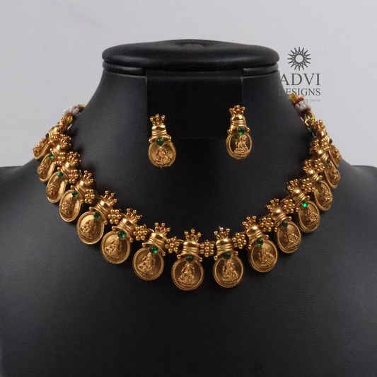 Traditional Lakshmi Coin Temple Choker Necklace Set with Green Stone Accents