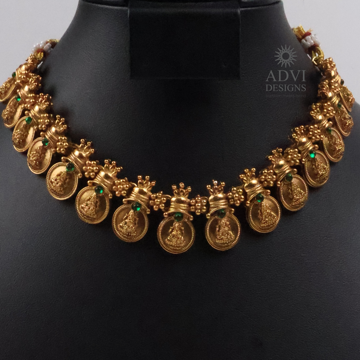 Traditional Lakshmi Coin Temple Choker Necklace Set with Green Stone Accents