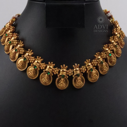 Traditional Lakshmi Coin Temple Choker Necklace Set with Green Stone Accents