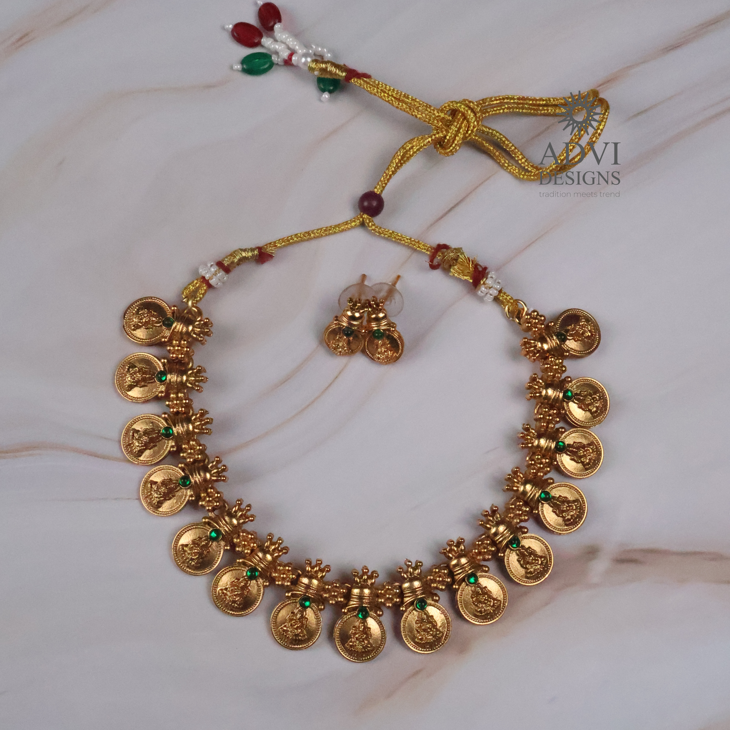 Traditional Lakshmi Coin Temple Choker Necklace Set with Green Stone Accents