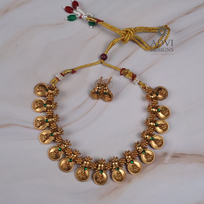 Traditional Lakshmi Coin Temple Choker Necklace Set with Green Stone Accents