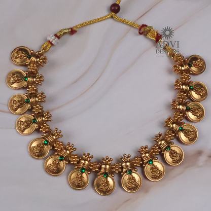 Traditional Lakshmi Coin Temple Choker Necklace Set with Green Stone Accents