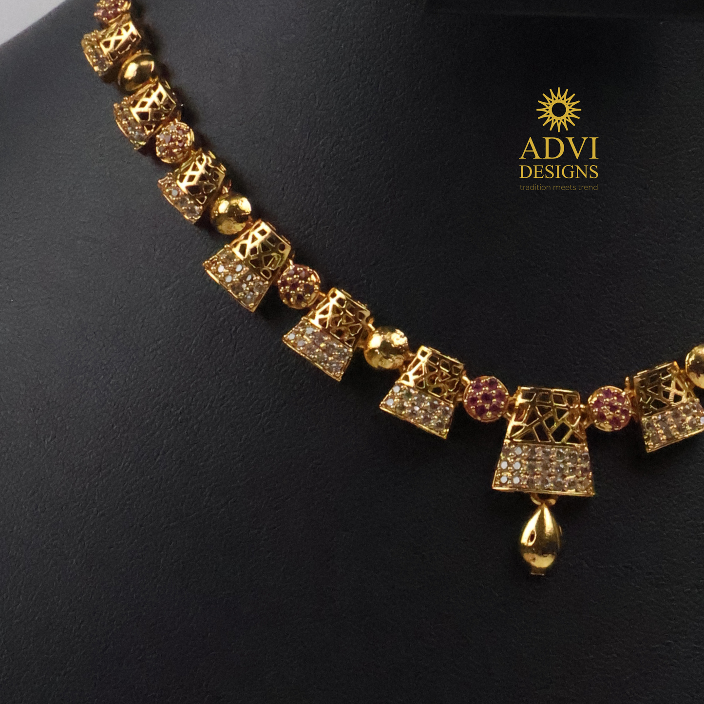 Designer CZ Antique Gold Short Necklace Set with Pink Stone Accents