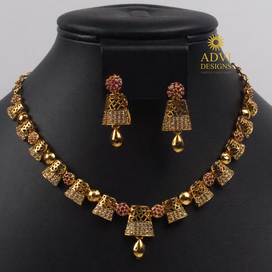 Designer CZ Antique Gold Short Necklace Set with Pink Stone Accents