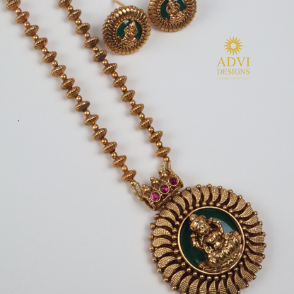 Antique Gold Lakshmi Pendant Haram with Green Enamel & Pink Stone Accents