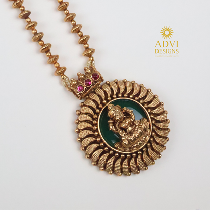 Antique Gold Lakshmi Pendant Haram with Green Enamel & Pink Stone Accents