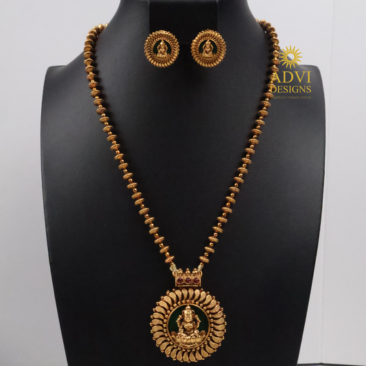 Antique Gold Lakshmi Pendant Haram with Green Enamel & Pink Stone Accents
