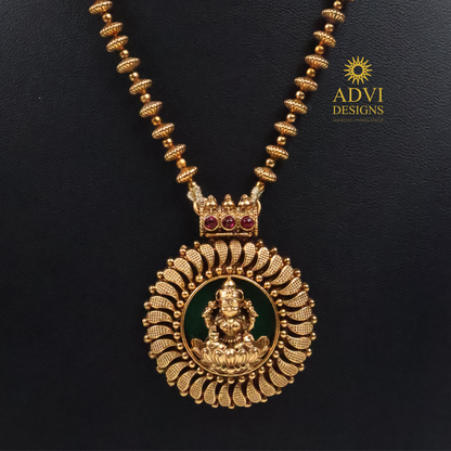 Antique Gold Lakshmi Pendant Haram with Green Enamel & Pink Stone Accents