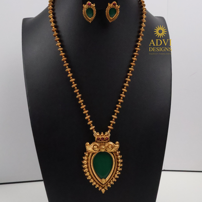 Antique Gold Green Teardrop Pendant Haram with Pink Stone Accents
