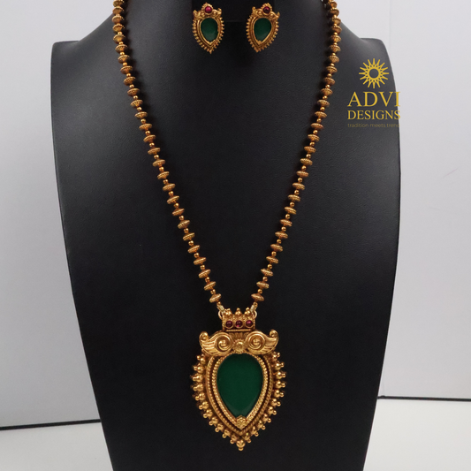 Antique Gold Green Teardrop Pendant Haram with Pink Stone Accents
