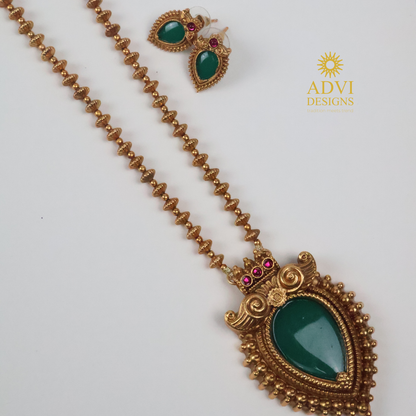Antique Gold Green Teardrop Pendant Haram with Pink Stone Accents