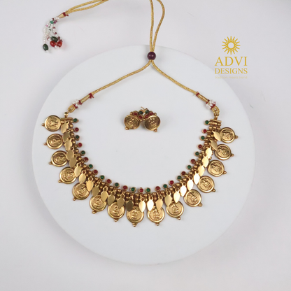Antique Gold Lakshmi Coin Necklace with Leaf Charms & Dual Tone Stone Accents
