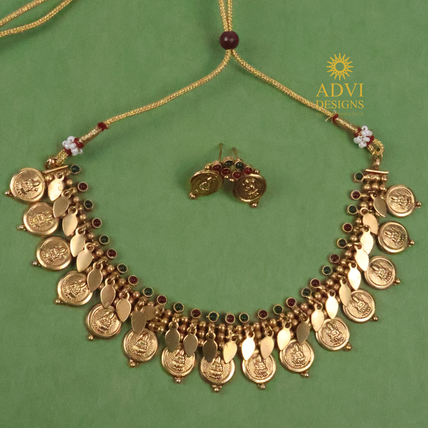 Antique Gold Lakshmi Coin Necklace with Leaf Charms & Dual Tone Stone Accents