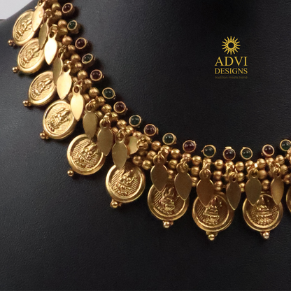 Antique Gold Lakshmi Coin Necklace with Leaf Charms & Dual Tone Stone Accents
